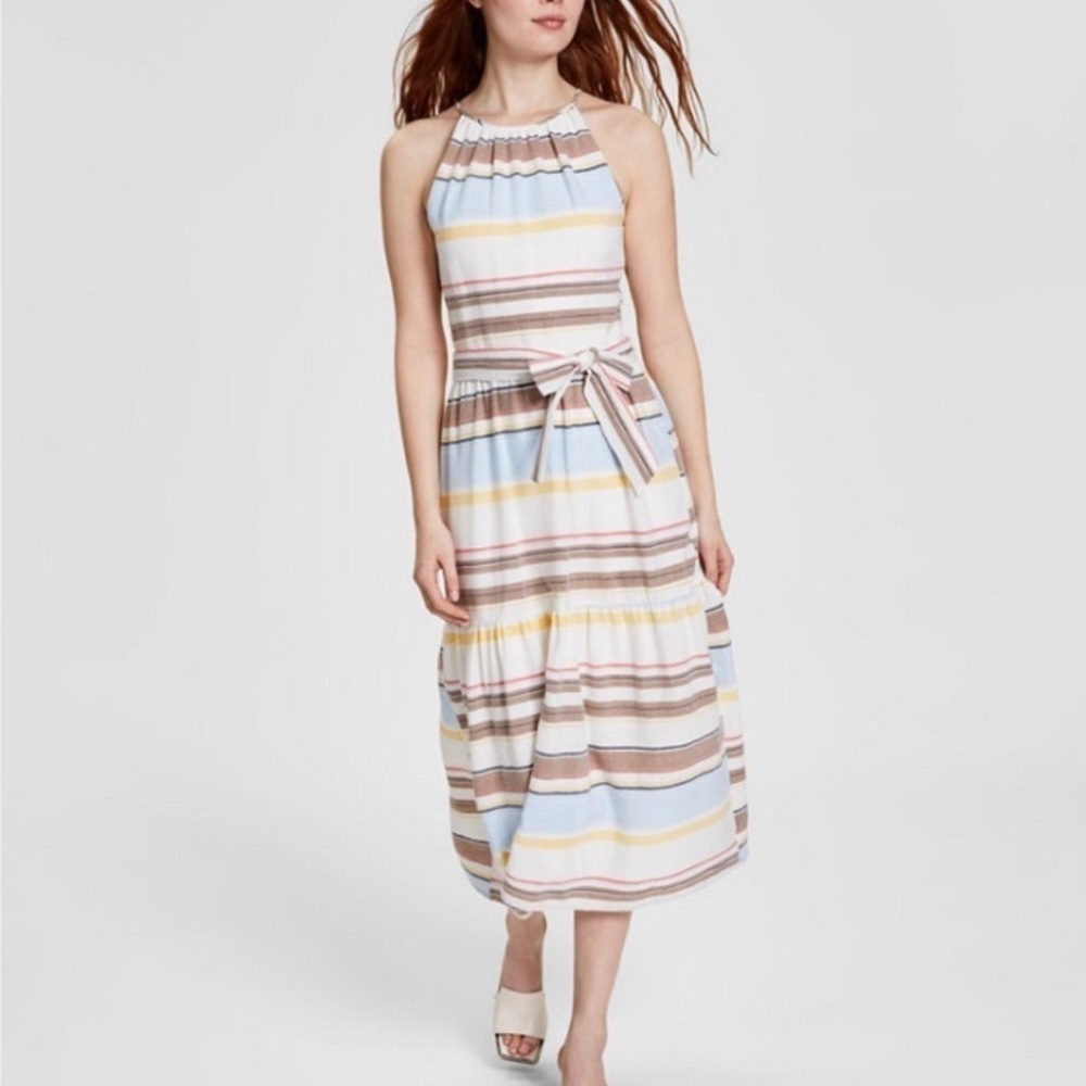 DKNY Ivory Stripe Gauze Midi Dress Size 6 Belted Halter Neck